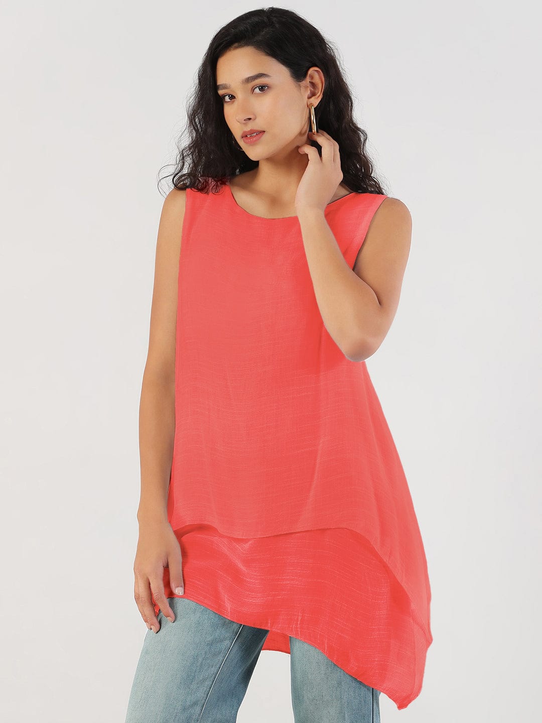 Women's Pink Round Neck Asymmetric Hem Longline Top
