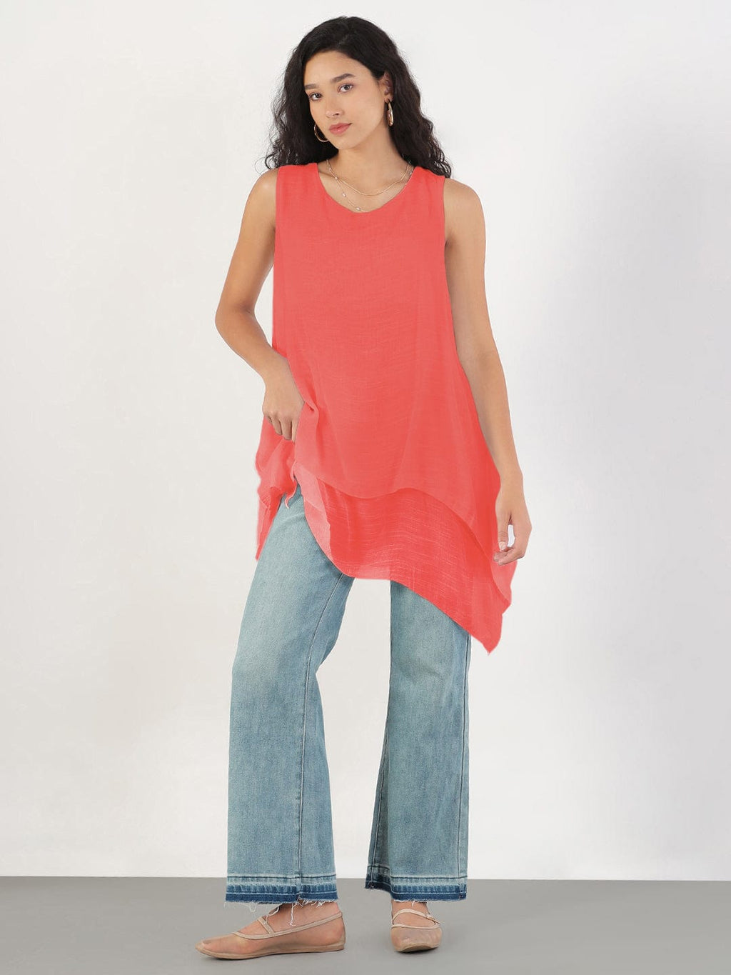 Women's Pink Round Neck Asymmetric Hem Longline Top