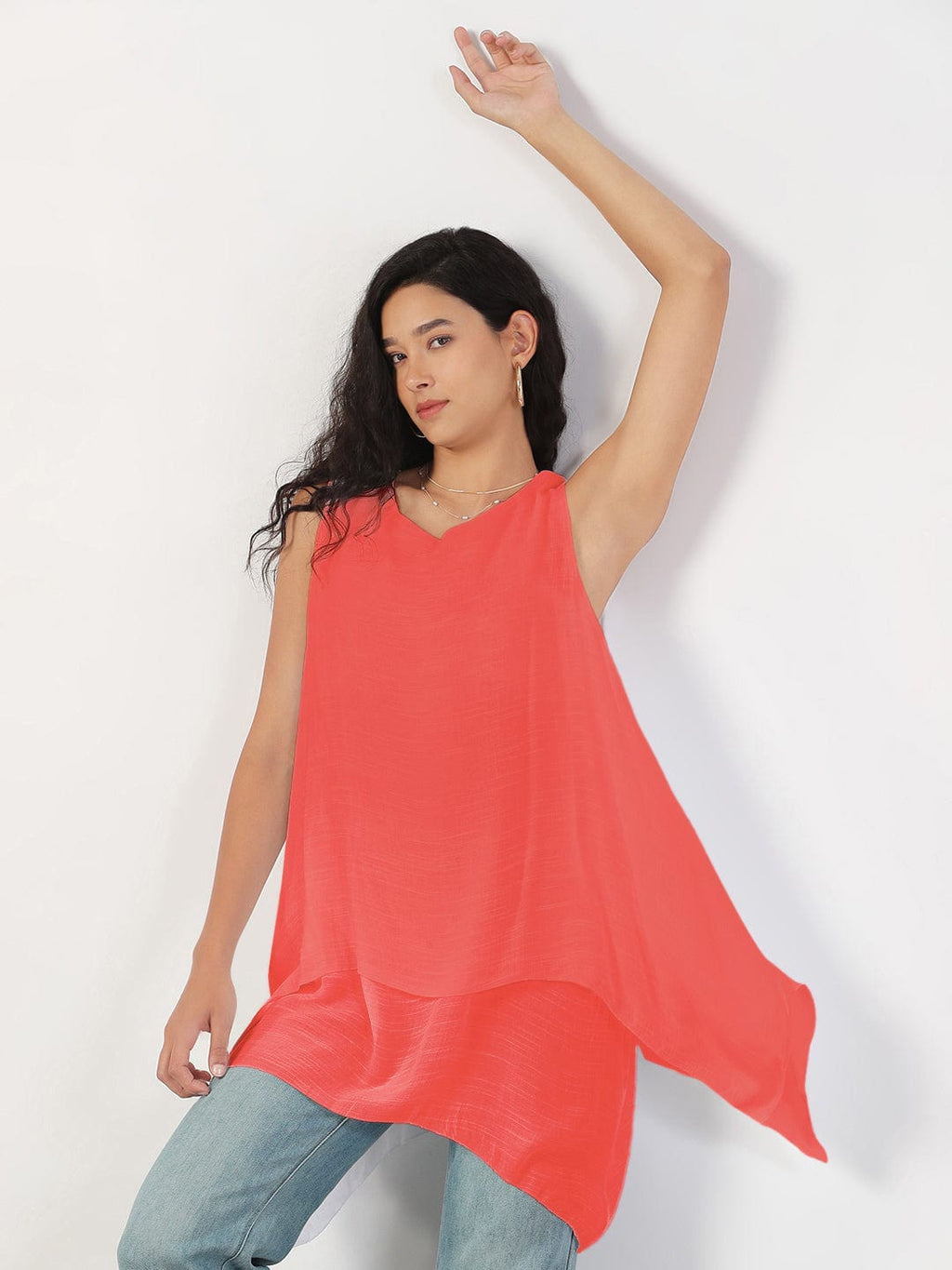 Women's Pink Round Neck Asymmetric Hem Longline Top