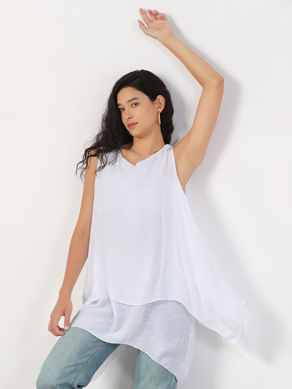 Women's Solid Round Neck White Longline Top