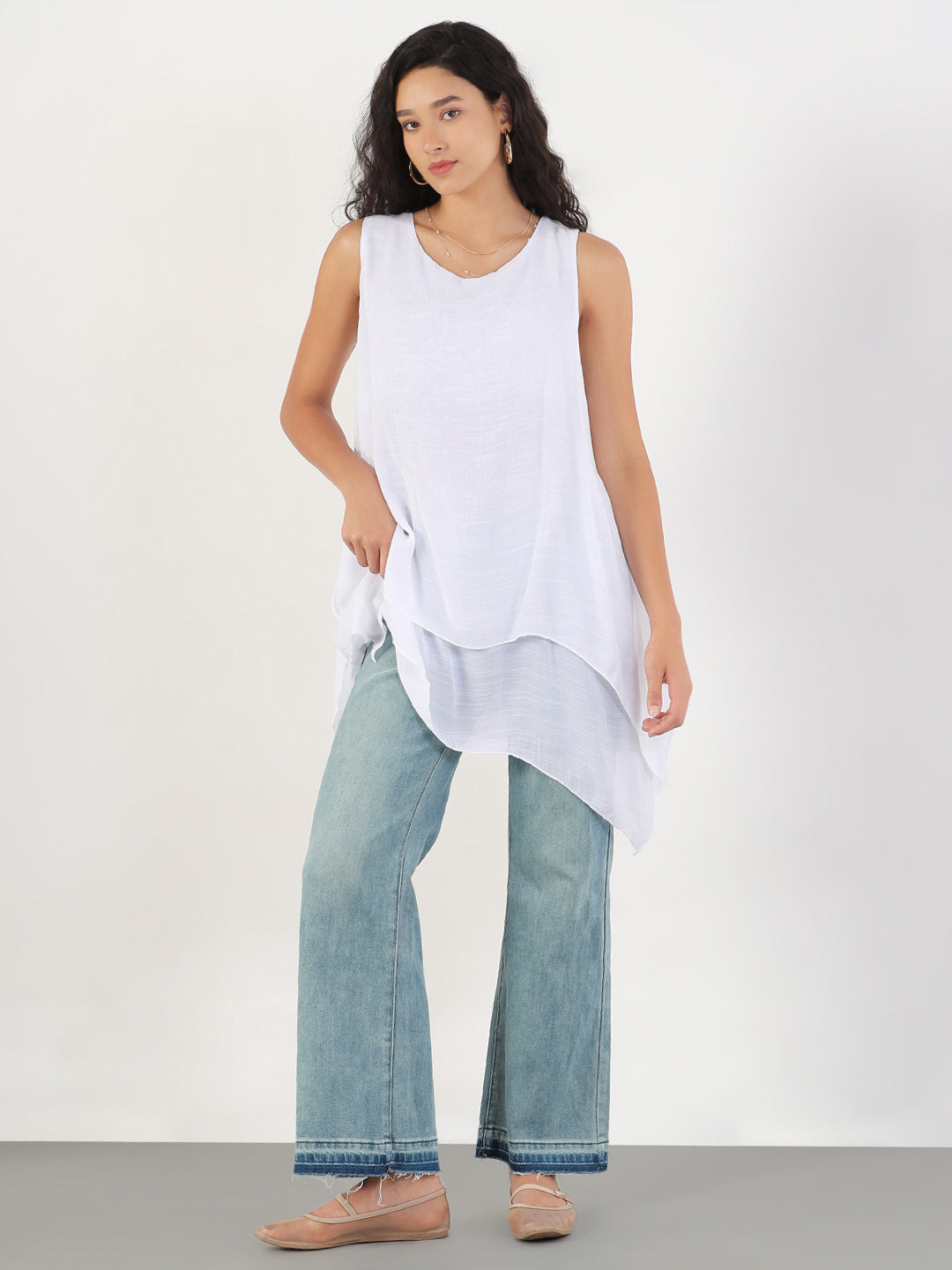 Women's Solid Round Neck White Longline Top