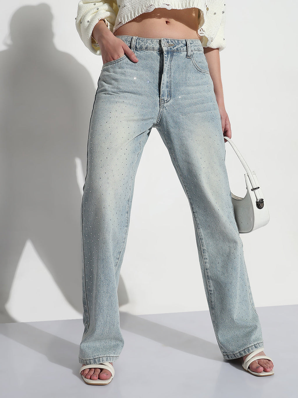 Women's Blue Embellished Straight Fit Jeans