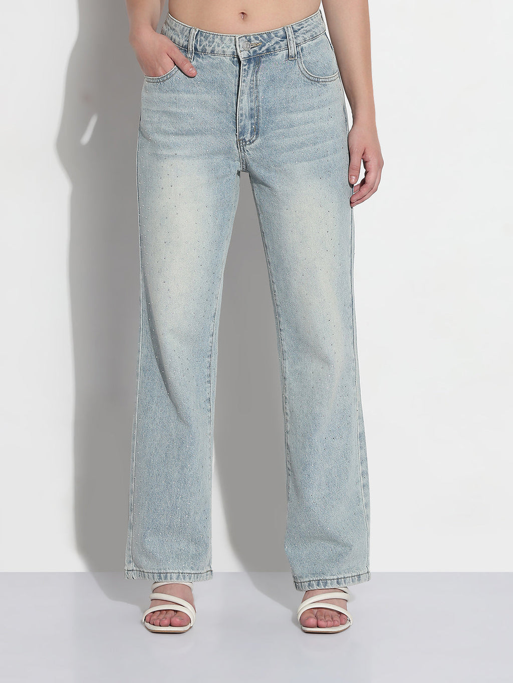 Women's Blue Embellished Straight Fit Jeans
