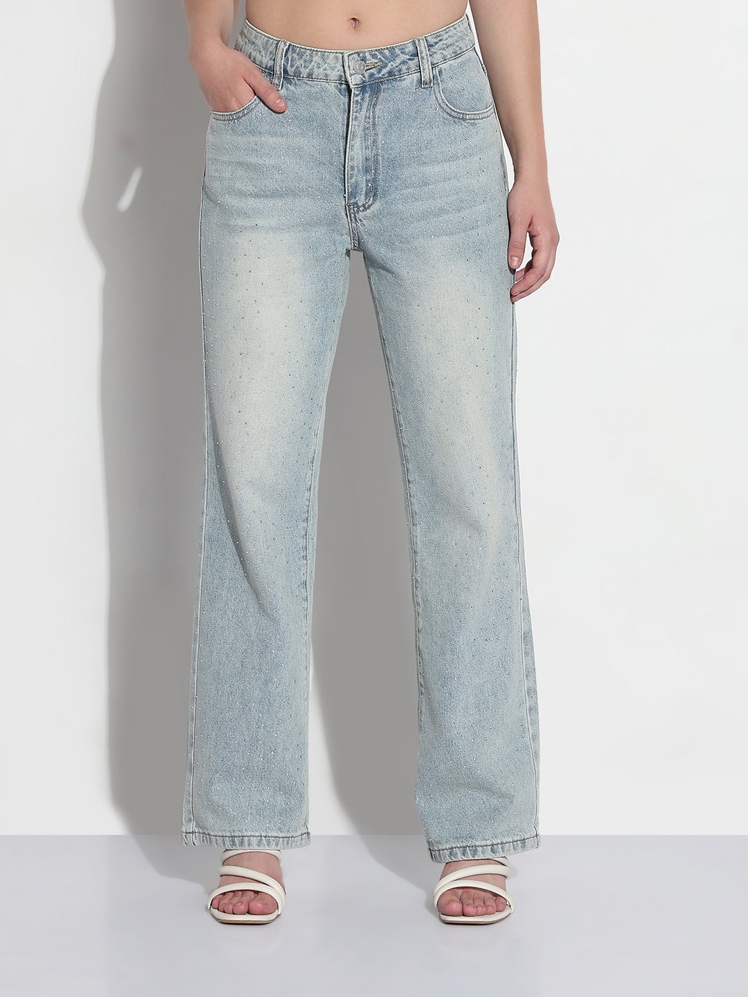 Women's Blue Embellished Straight Fit Jeans