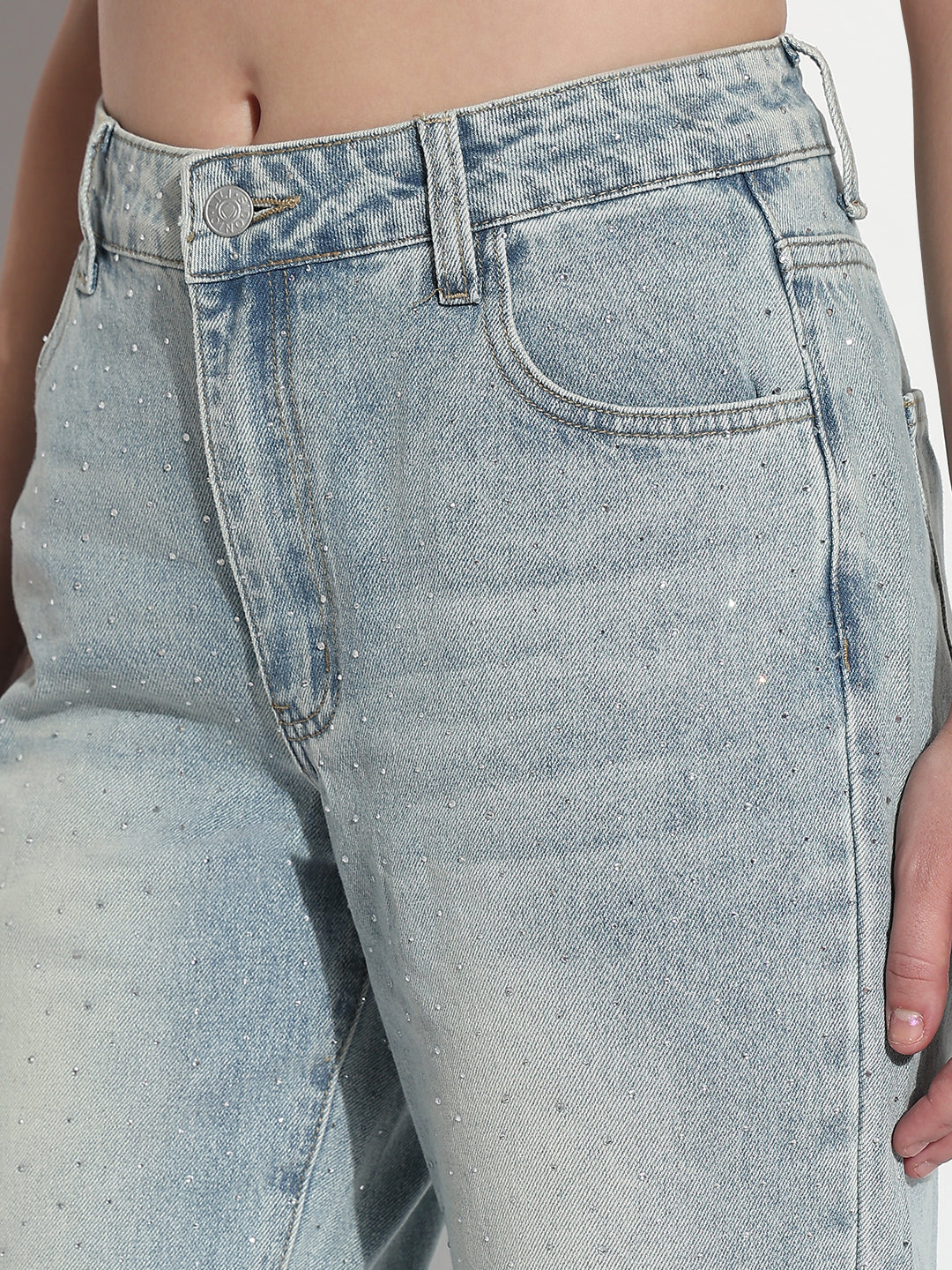 Women's Blue Embellished Straight Fit Jeans