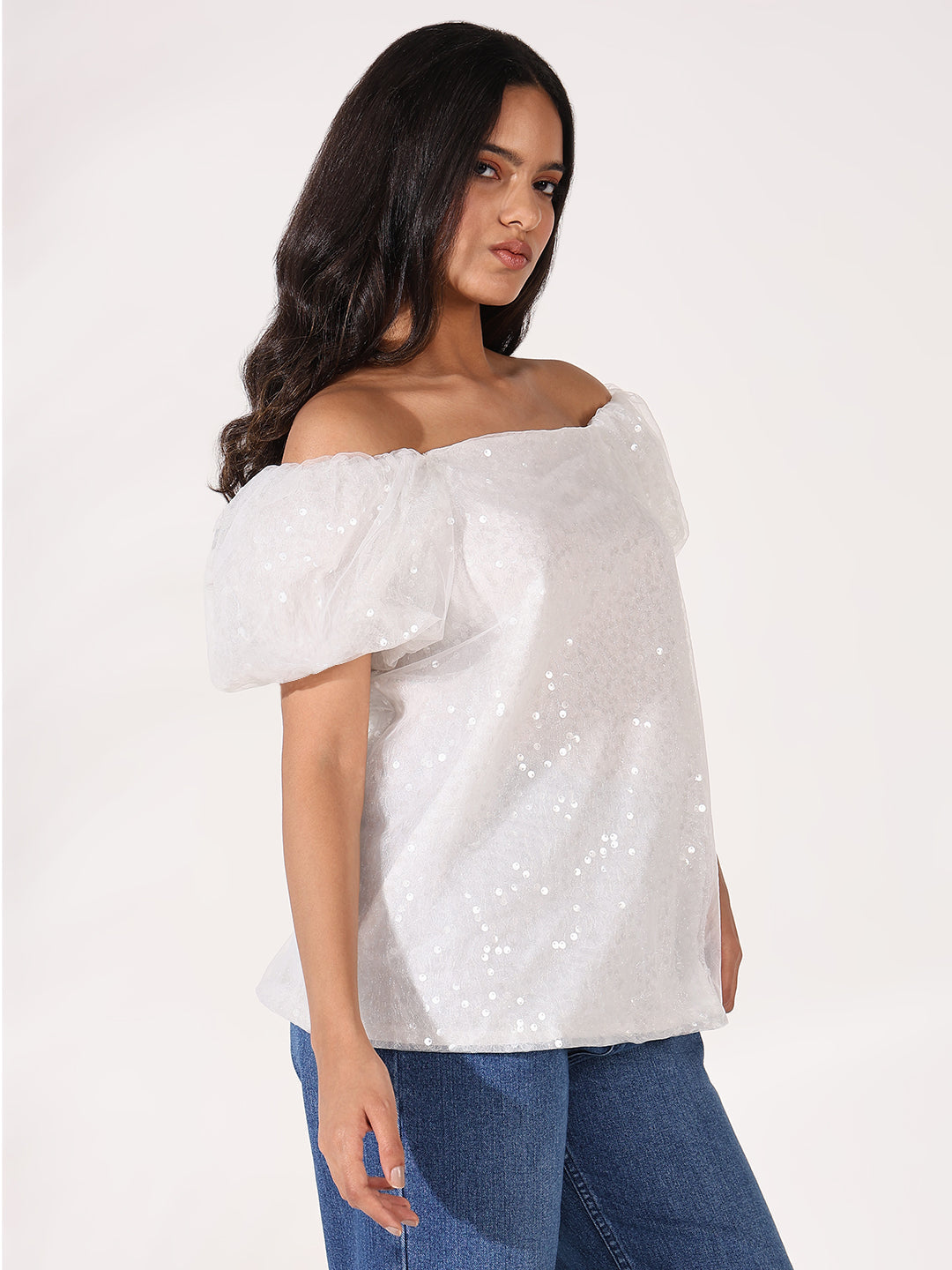 Women's White Embellished Off-Shoulder Puff Sleeve Net Top