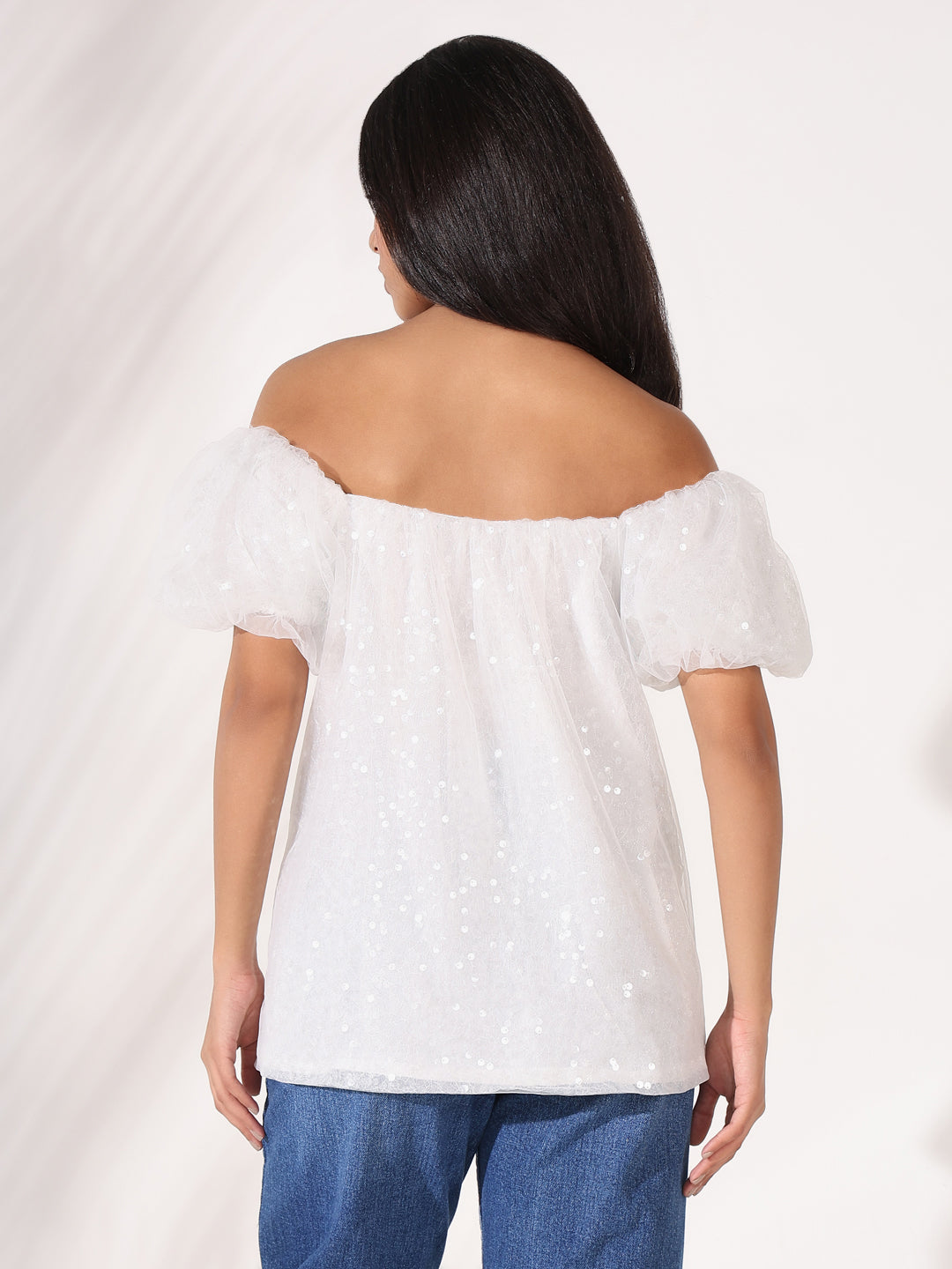 Women's White Embellished Off-Shoulder Puff Sleeve Net Top