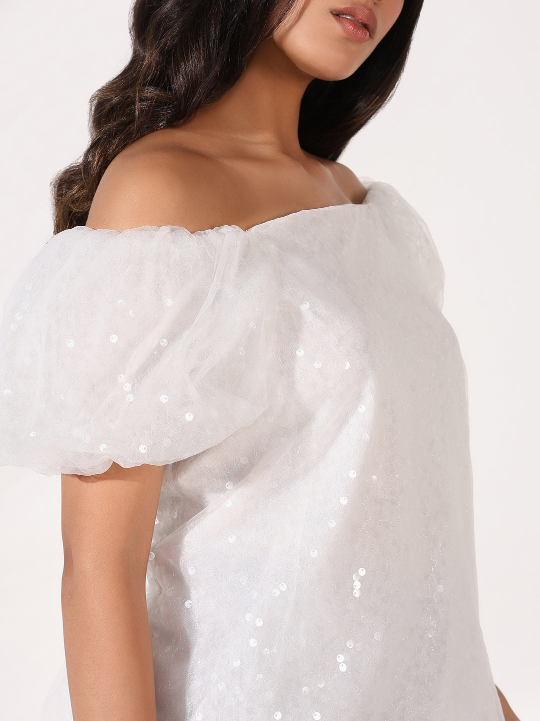 Women's White Embellished Off-Shoulder Puff Sleeve Net Top