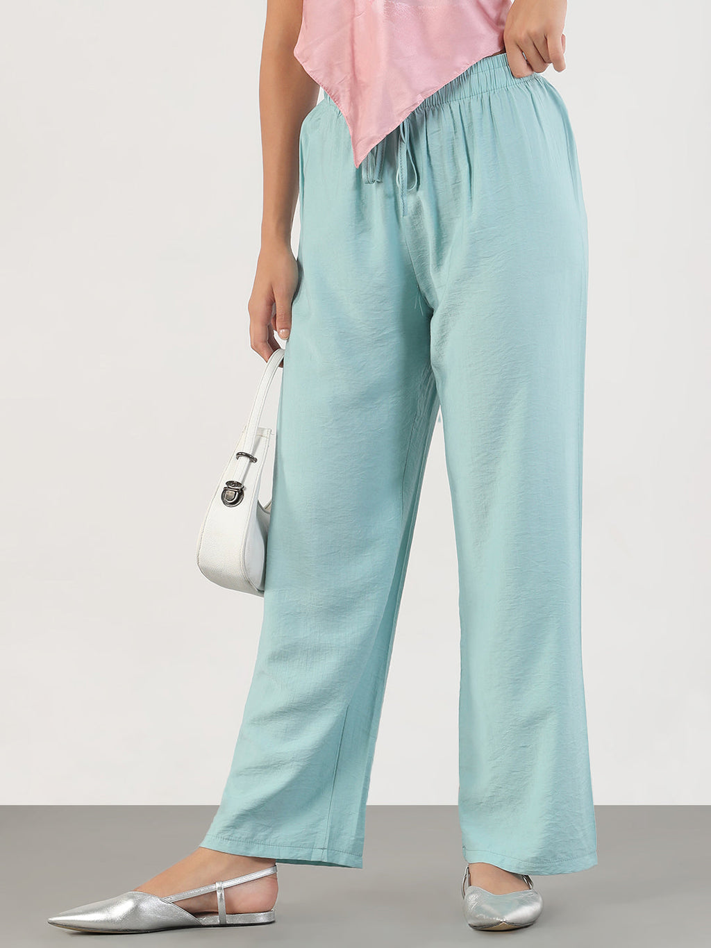 Women's Blue Loose Fit Solid Parallel Trousers