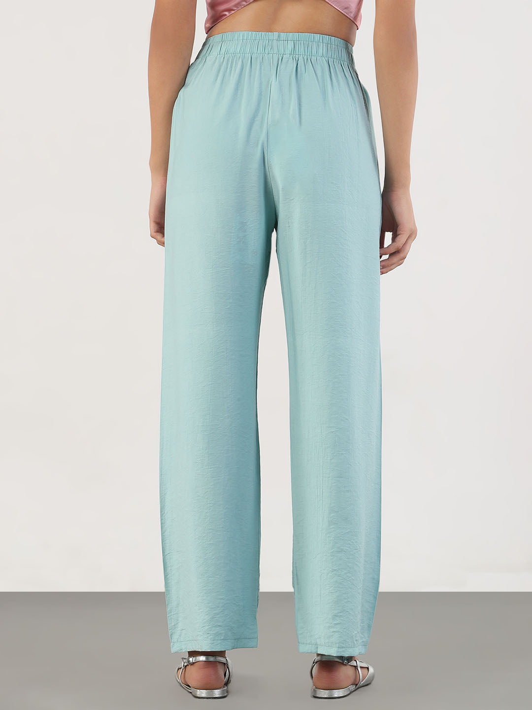 Women's Blue Loose Fit Solid Parallel Trousers