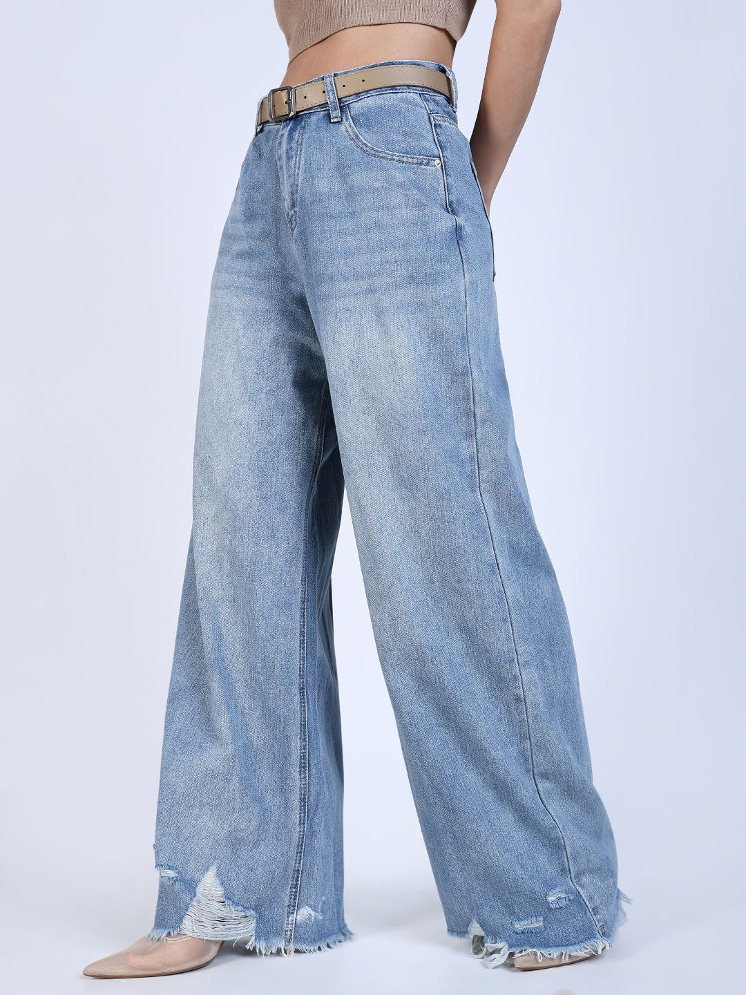 Women's Blue High Rise Wide Leg Jeans with Distressed Hem