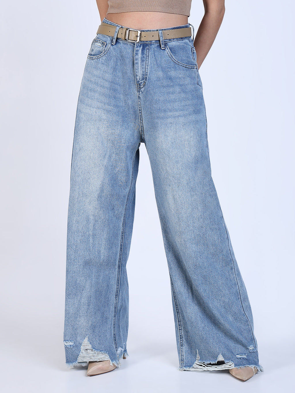 Women's Blue High Rise Wide Leg Jeans with Distressed Hem