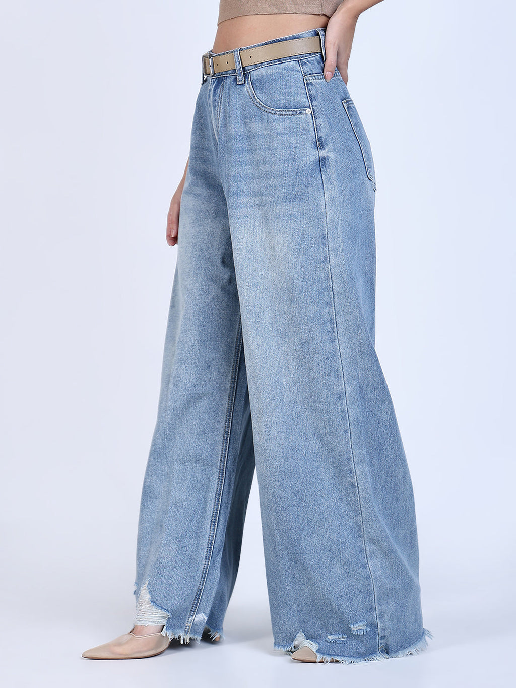 Women's Blue High Rise Wide Leg Jeans with Distressed Hem