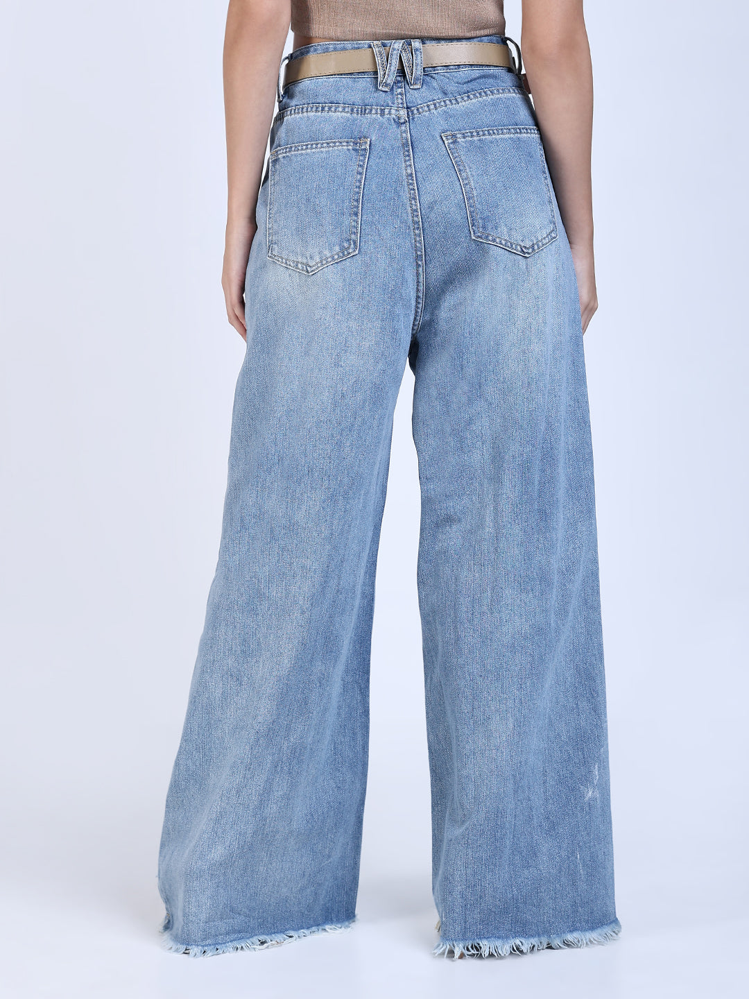 Women's Blue High Rise Wide Leg Jeans with Distressed Hem