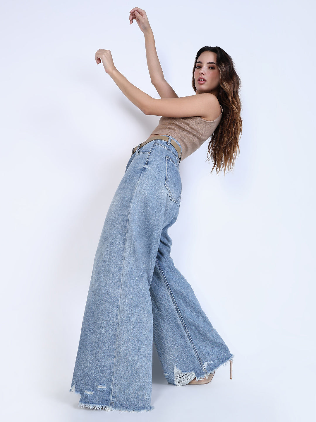 Women's Blue High Rise Wide Leg Jeans with Distressed Hem