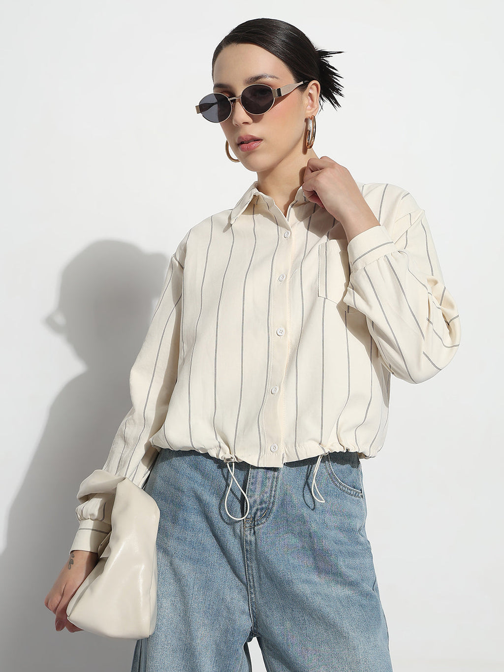 Women's Striped Cream Shirt Style Top with Toggle Hem