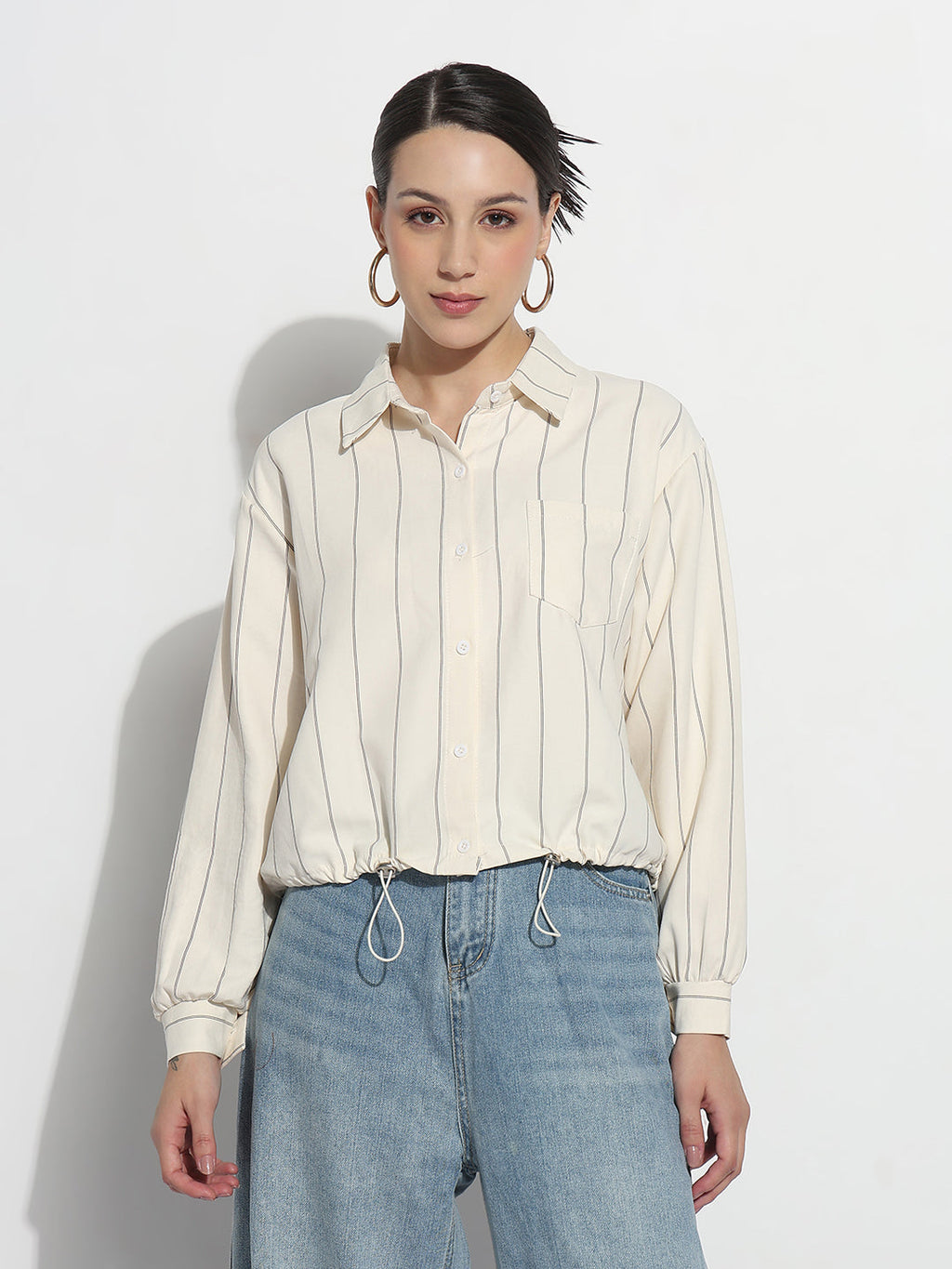 Women's Striped Cream Shirt Style Top with Toggle Hem
