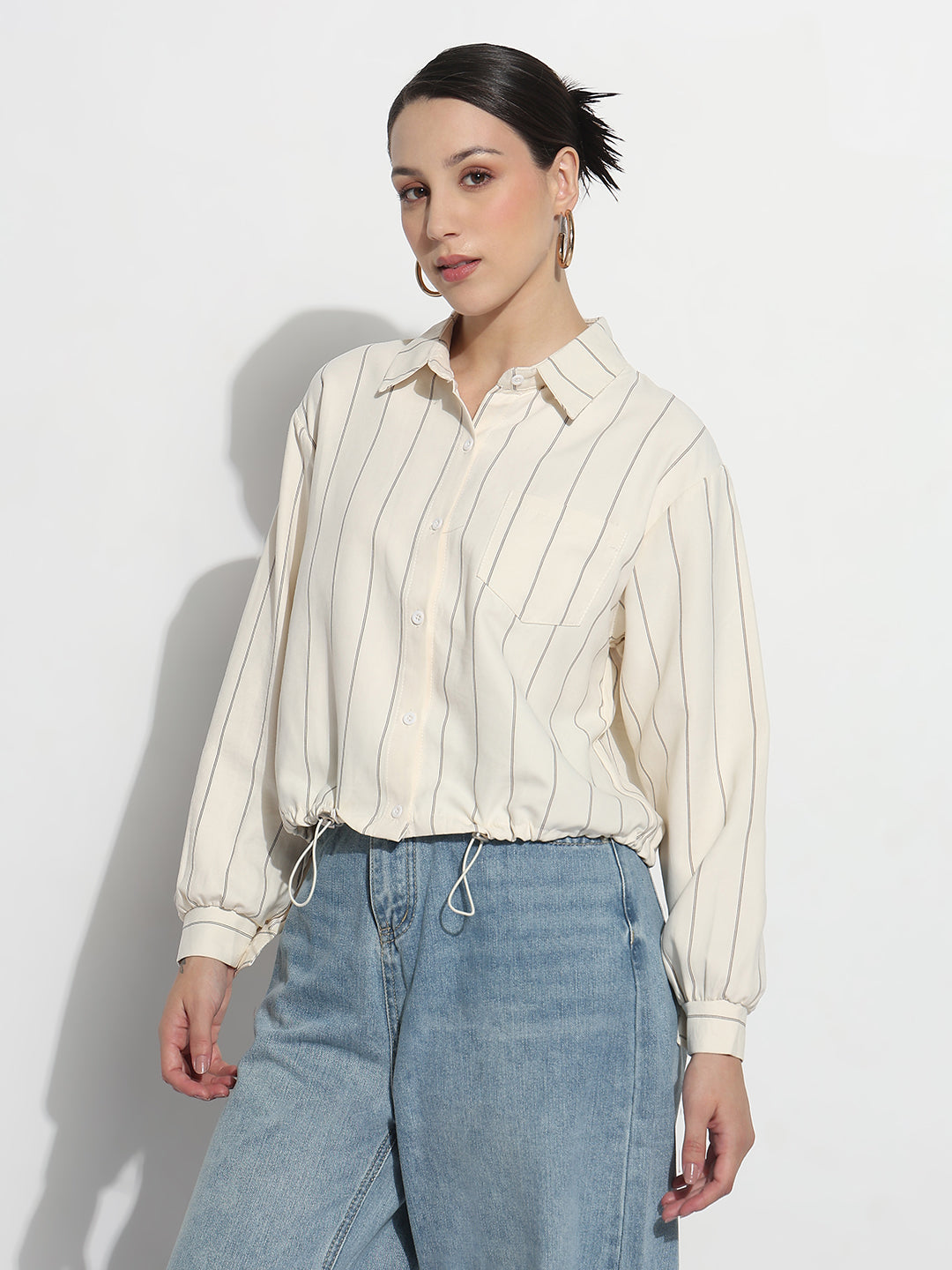 Women's Striped Cream Shirt Style Top with Toggle Hem