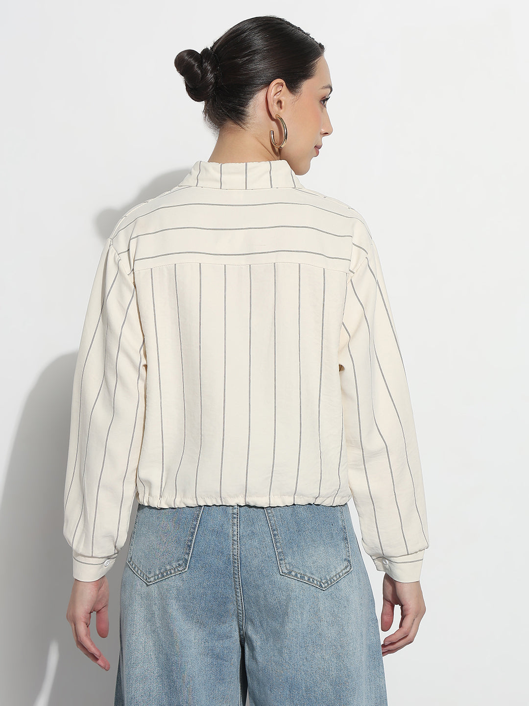 Women's Striped Cream Shirt Style Top with Toggle Hem