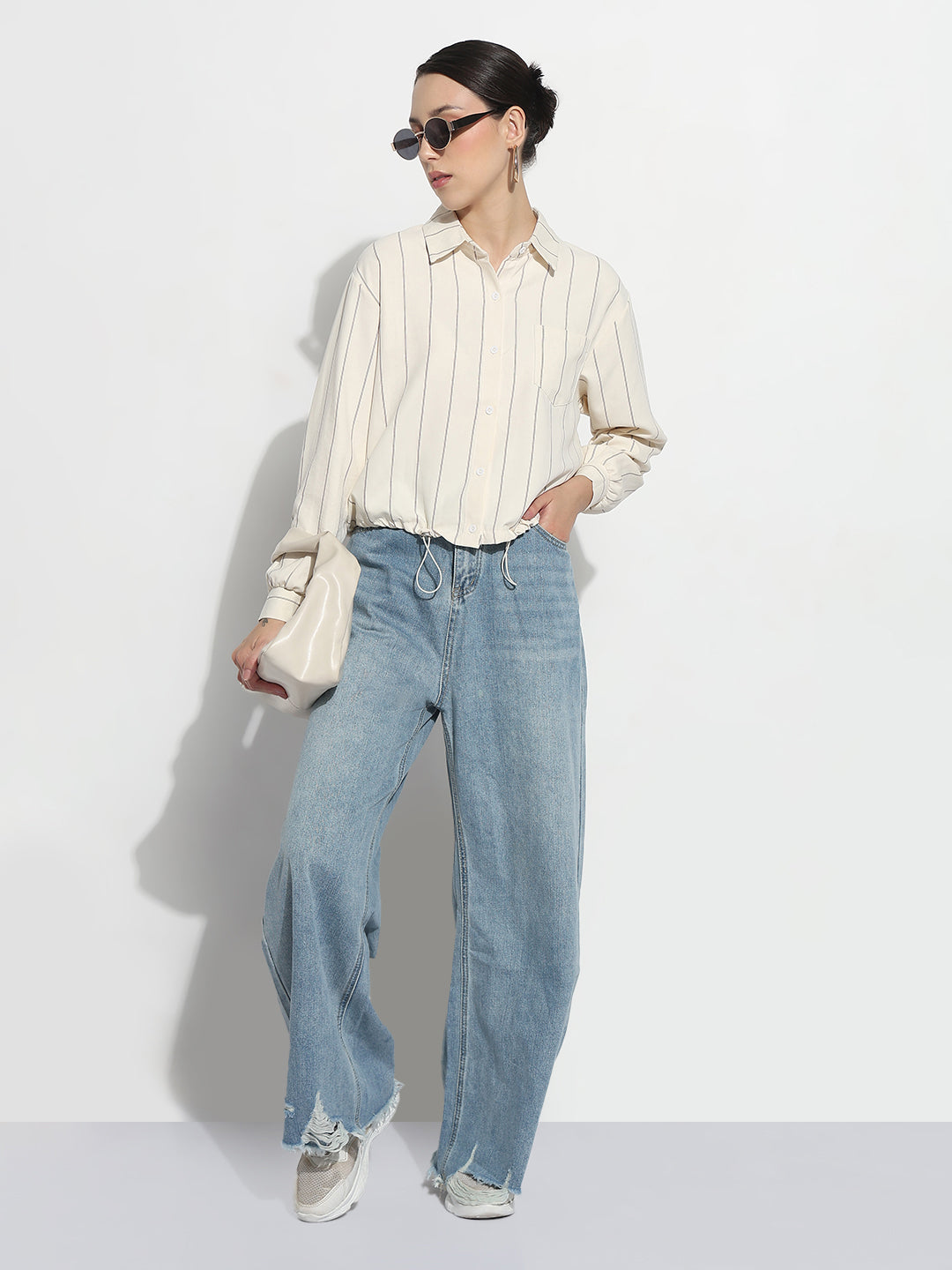 Women's Striped Cream Shirt Style Top with Toggle Hem