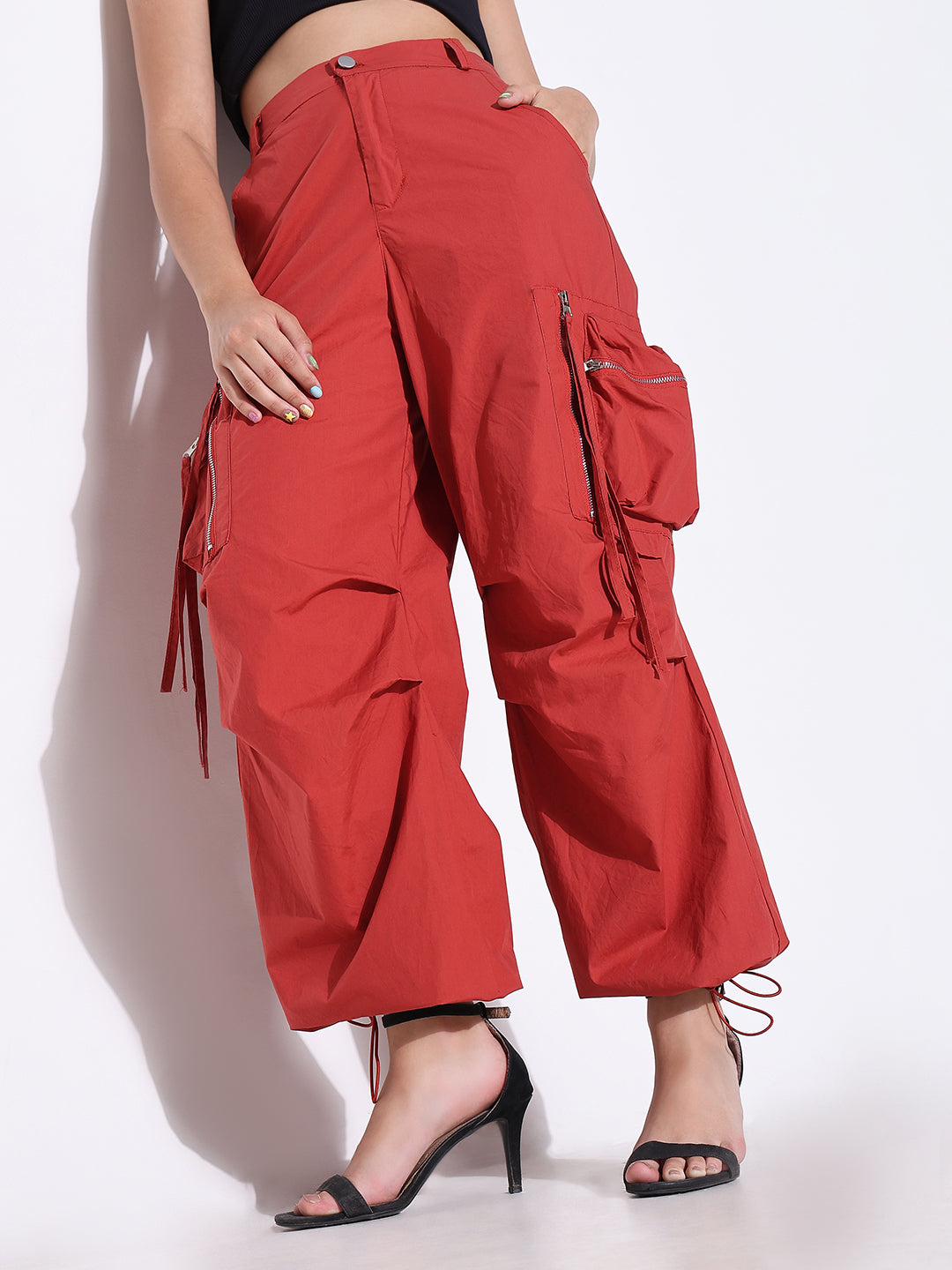 Women's Red Parachute Pants with Side Pocket and Zip Detail