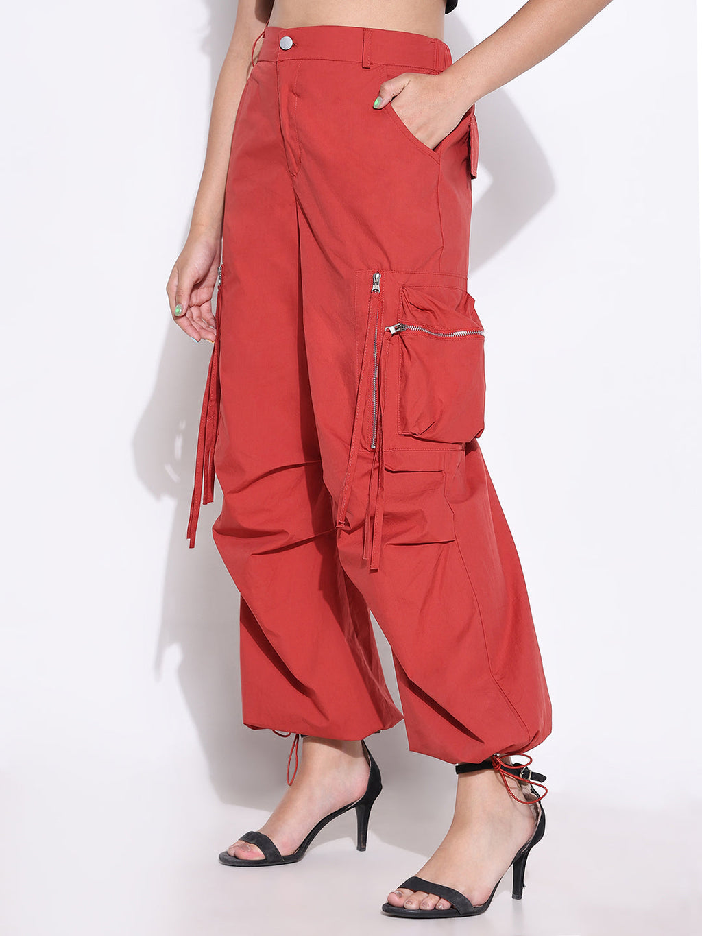 Women's Red Parachute Pants with Side Pocket and Zip Detail