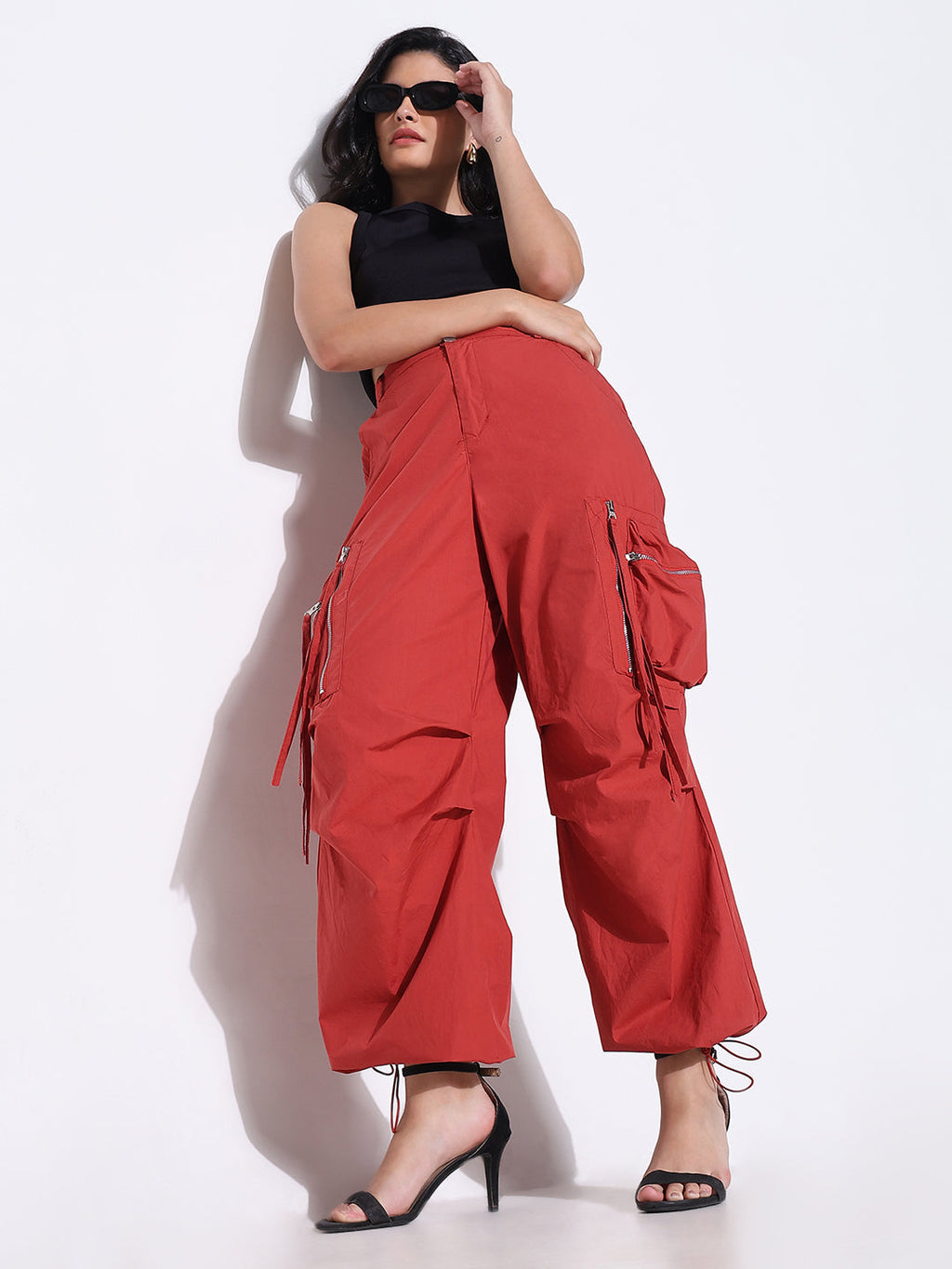Women's Red Parachute Pants with Side Pocket and Zip Detail