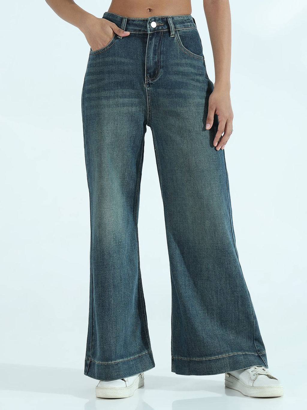 Women's Blue Wide-Leg Flare Jeans with Bottom Hem