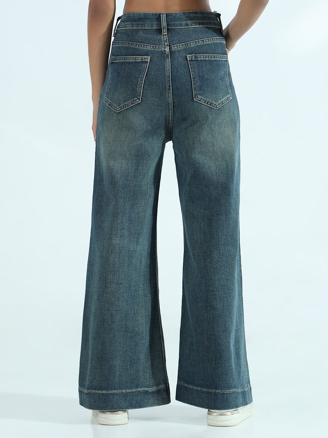 Women's Blue Wide-Leg Flare Jeans with Bottom Hem