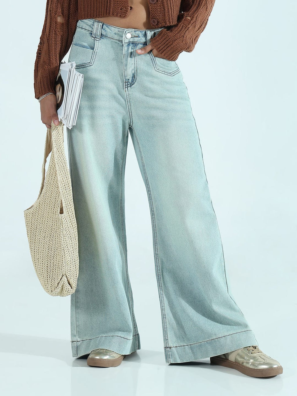 Women's Blue Wide-Leg Jeans with Bottom Hem and Patch Pockets