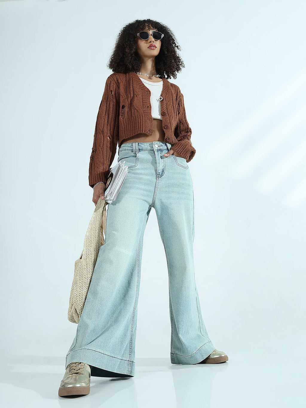 Women's Blue Wide-Leg Jeans with Bottom Hem and Patch Pockets