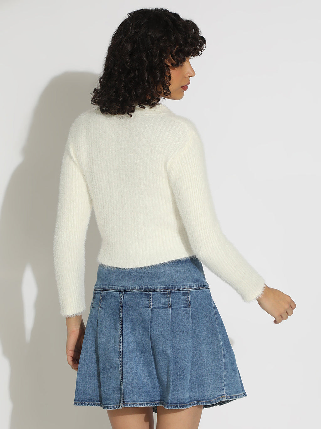 Women's Off White Ribbed Fuzzy Shirt Style Top with Gold Buttons