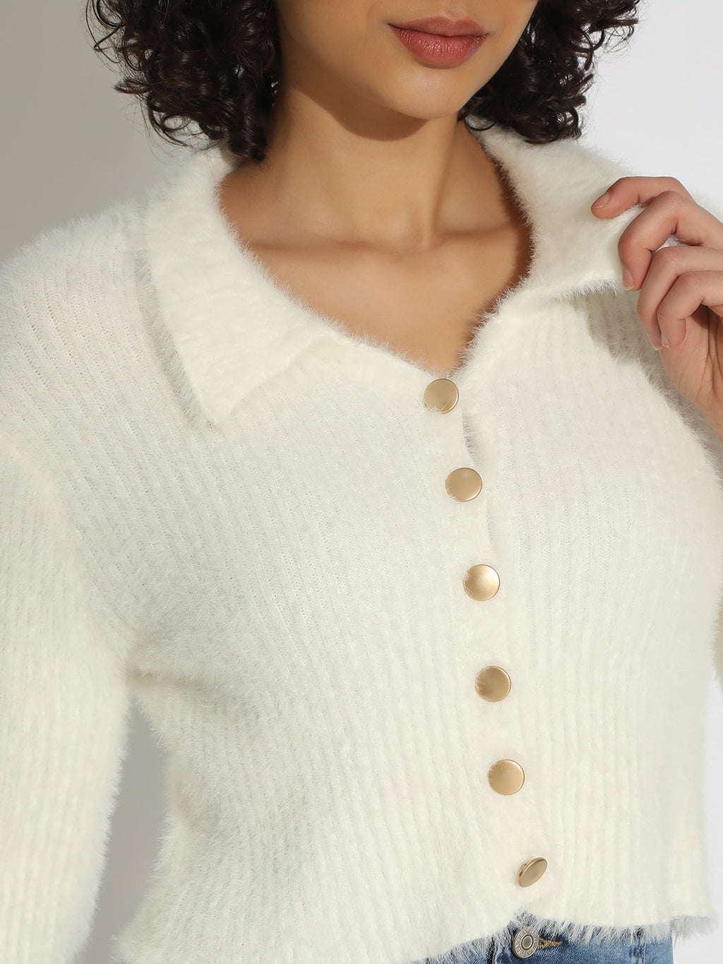 Women's Off White Ribbed Fuzzy Shirt Style Top with Gold Buttons
