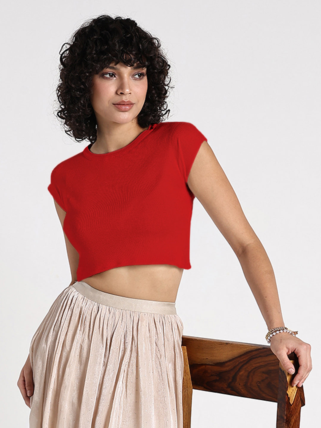 Women's Red Ribbed Fitted Crop Top