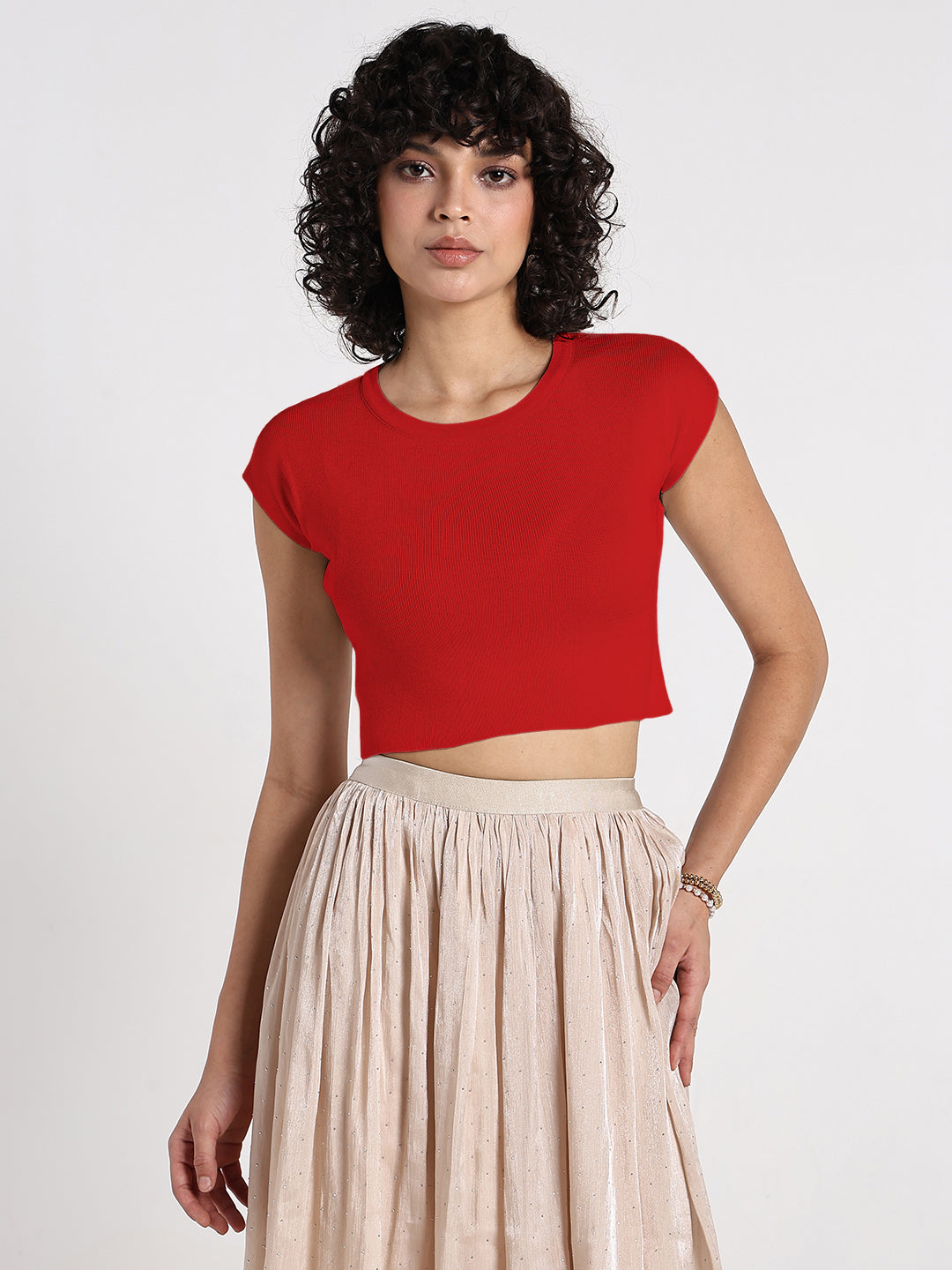 Women's Red Ribbed Fitted Crop Top