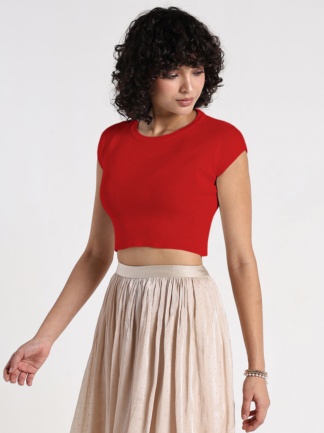 Women's Red Ribbed Fitted Crop Top