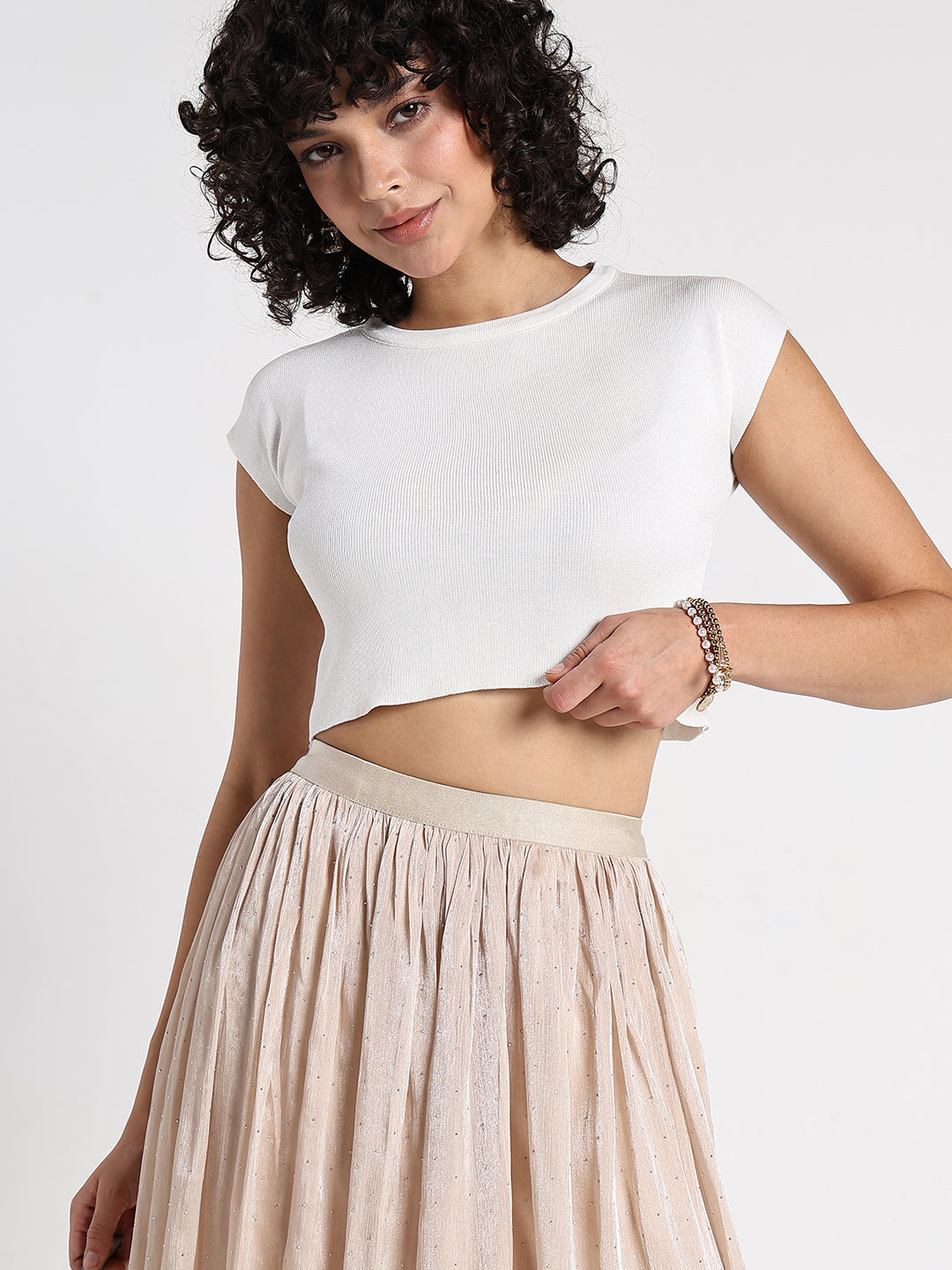 Women's White Ribbed Fitted Crop Top