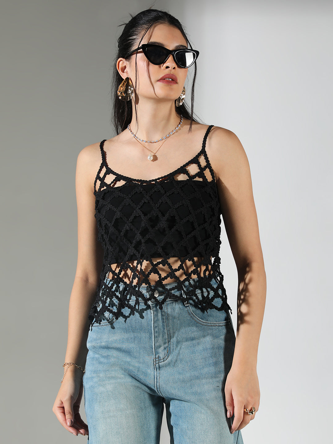 Women's Textured Cut Out Black V-Neck Top