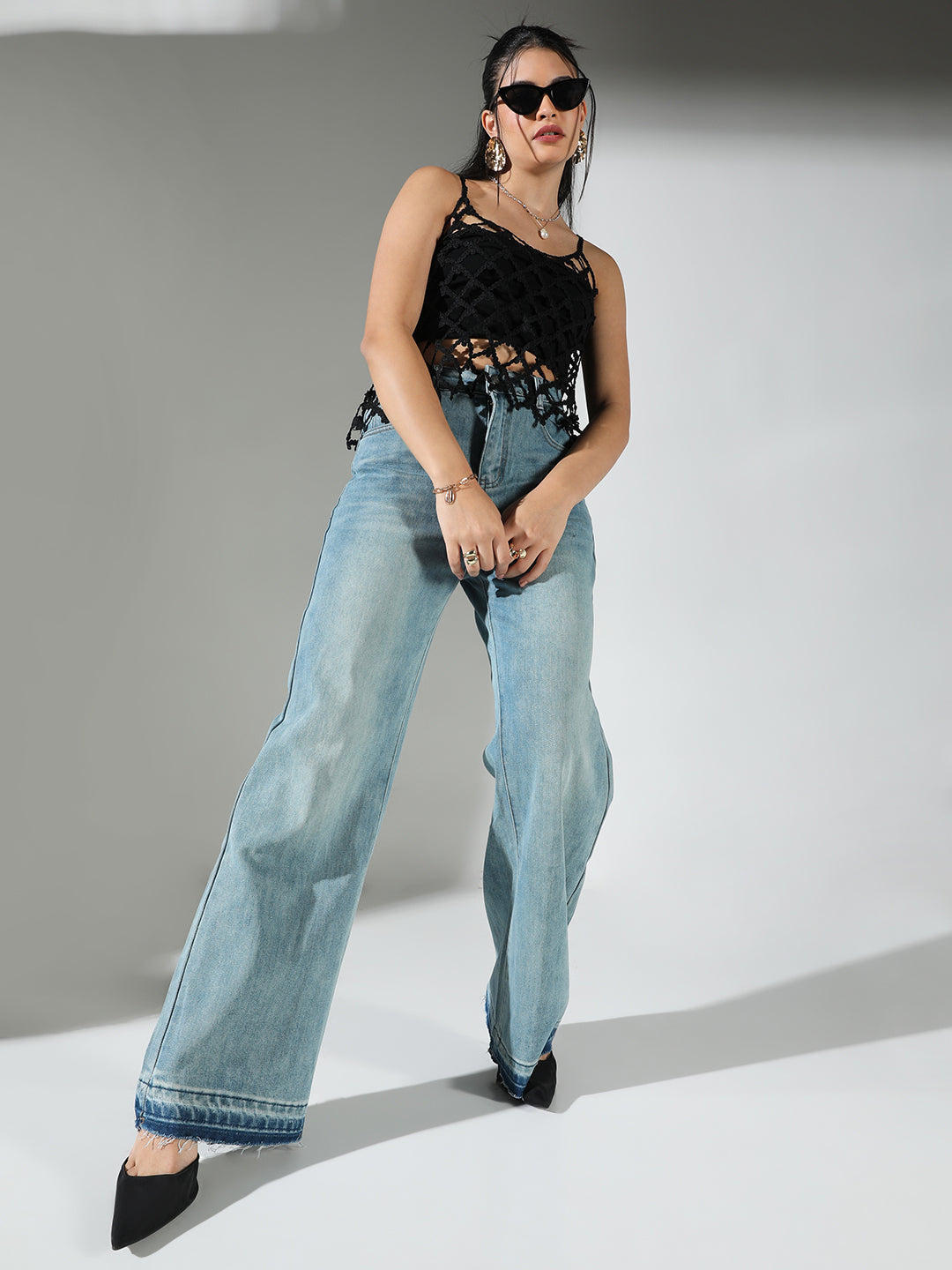 Women's Textured Cut Out Black V-Neck Top