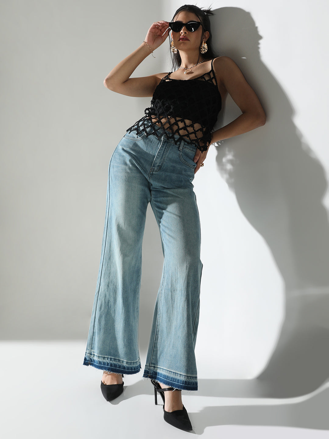 Women's Textured Cut Out Black V-Neck Top