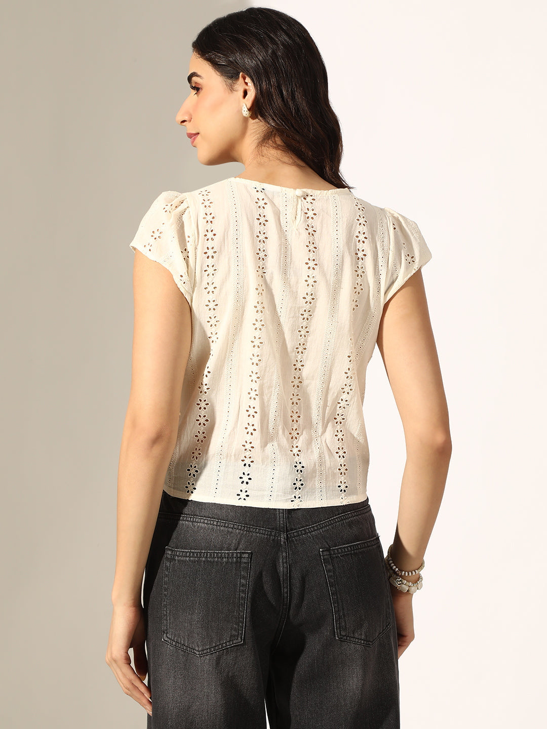 Women's Cream Eyelet Embroidered Top