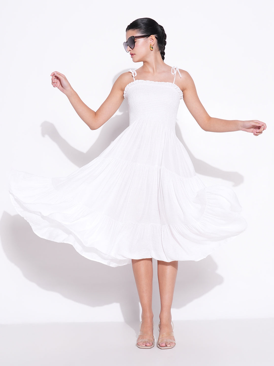 Women's Smocked White Fit and Flare Tiered Midi Dress