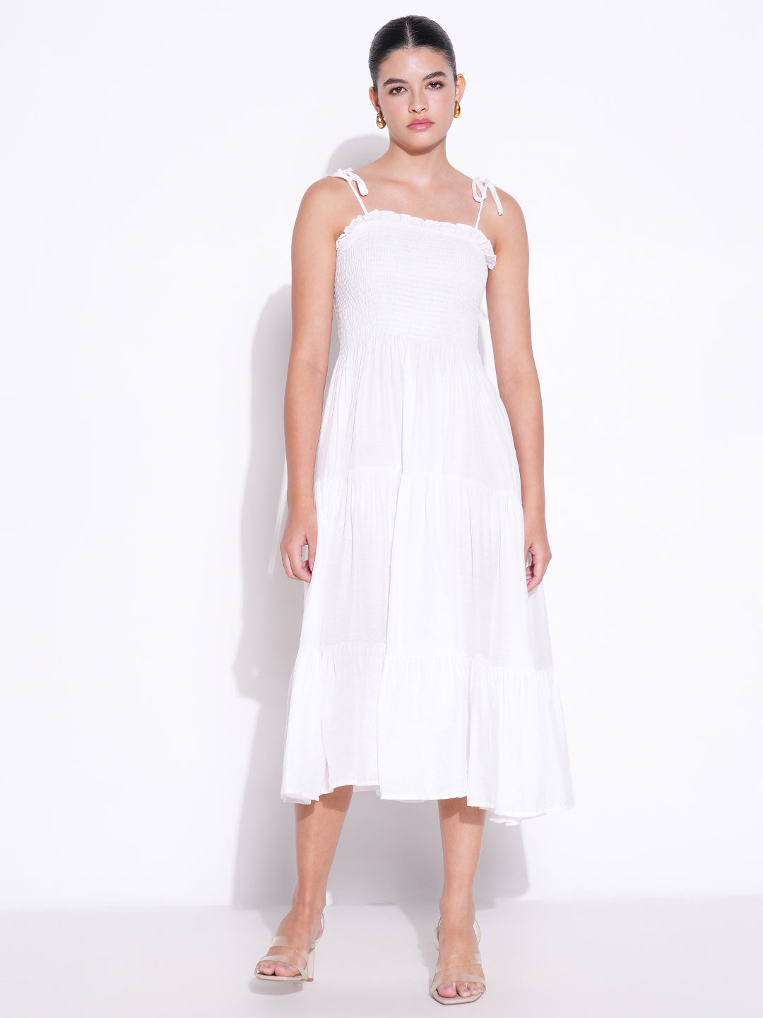 Women's Smocked White Fit and Flare Tiered Midi Dress