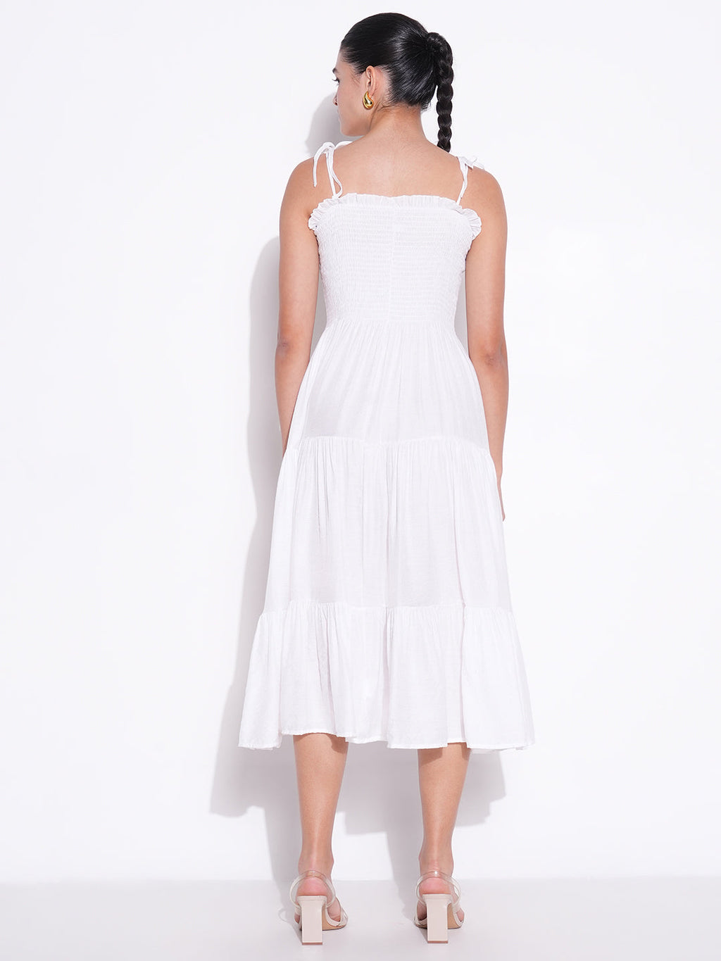 Women's Smocked White Fit and Flare Tiered Midi Dress
