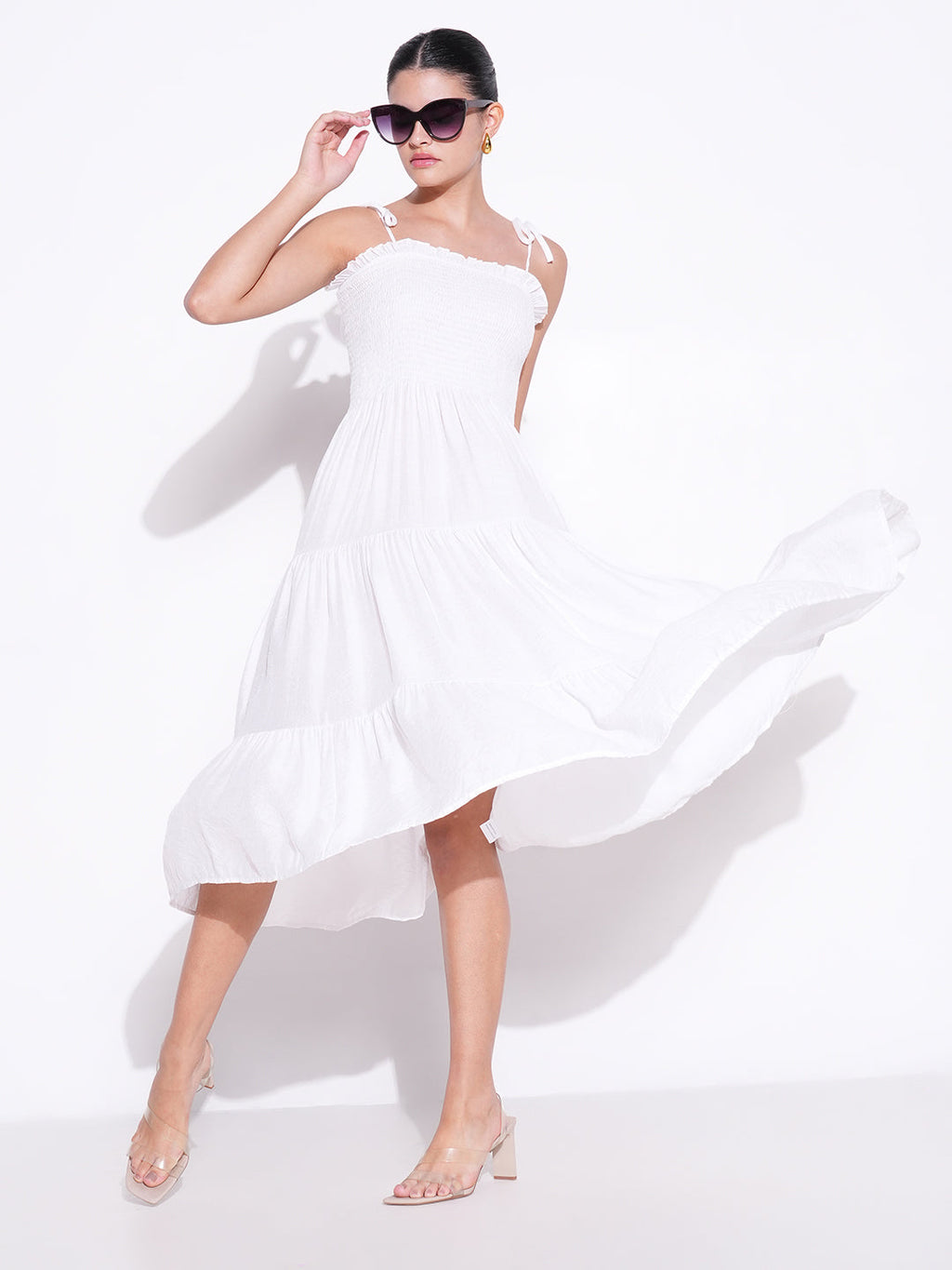 Women's Smocked White Fit and Flare Tiered Midi Dress