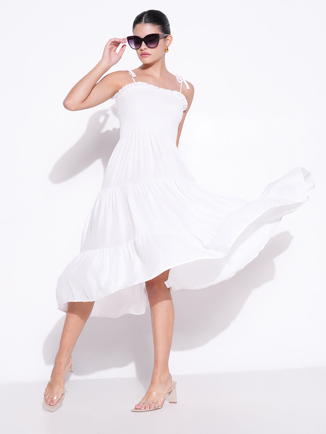 Women's Smocked White Fit and Flare Tiered Midi Dress