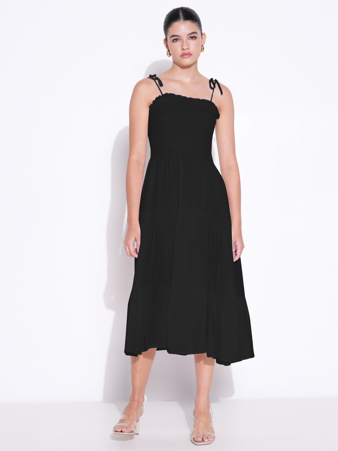 Women's Solid Black Fit and Flare Dress