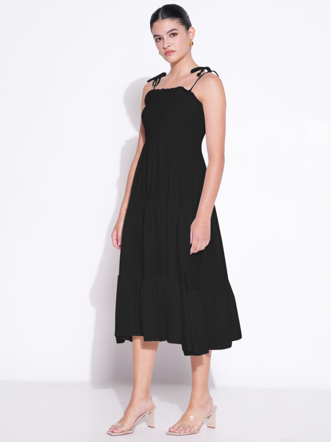Women's Solid Black Fit and Flare Dress