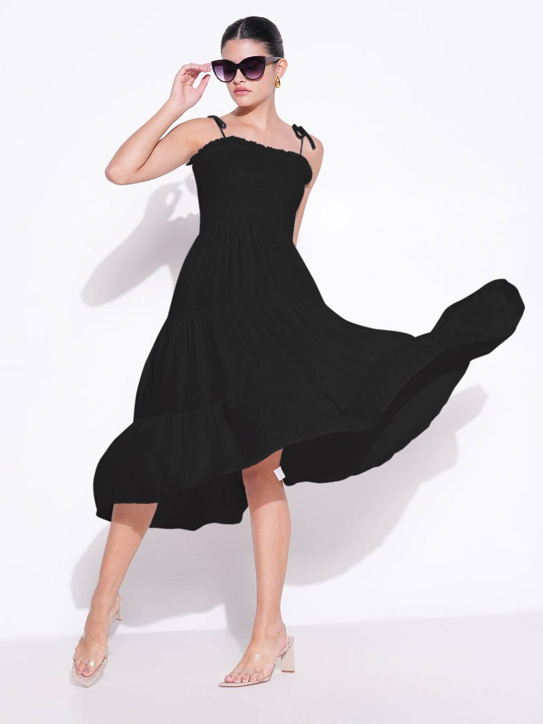 Women's Solid Black Fit and Flare Dress
