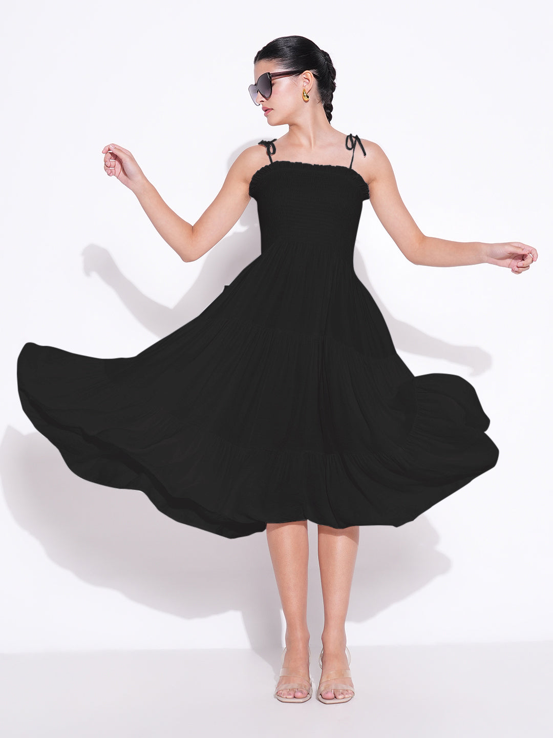 Women's Solid Black Fit and Flare Dress